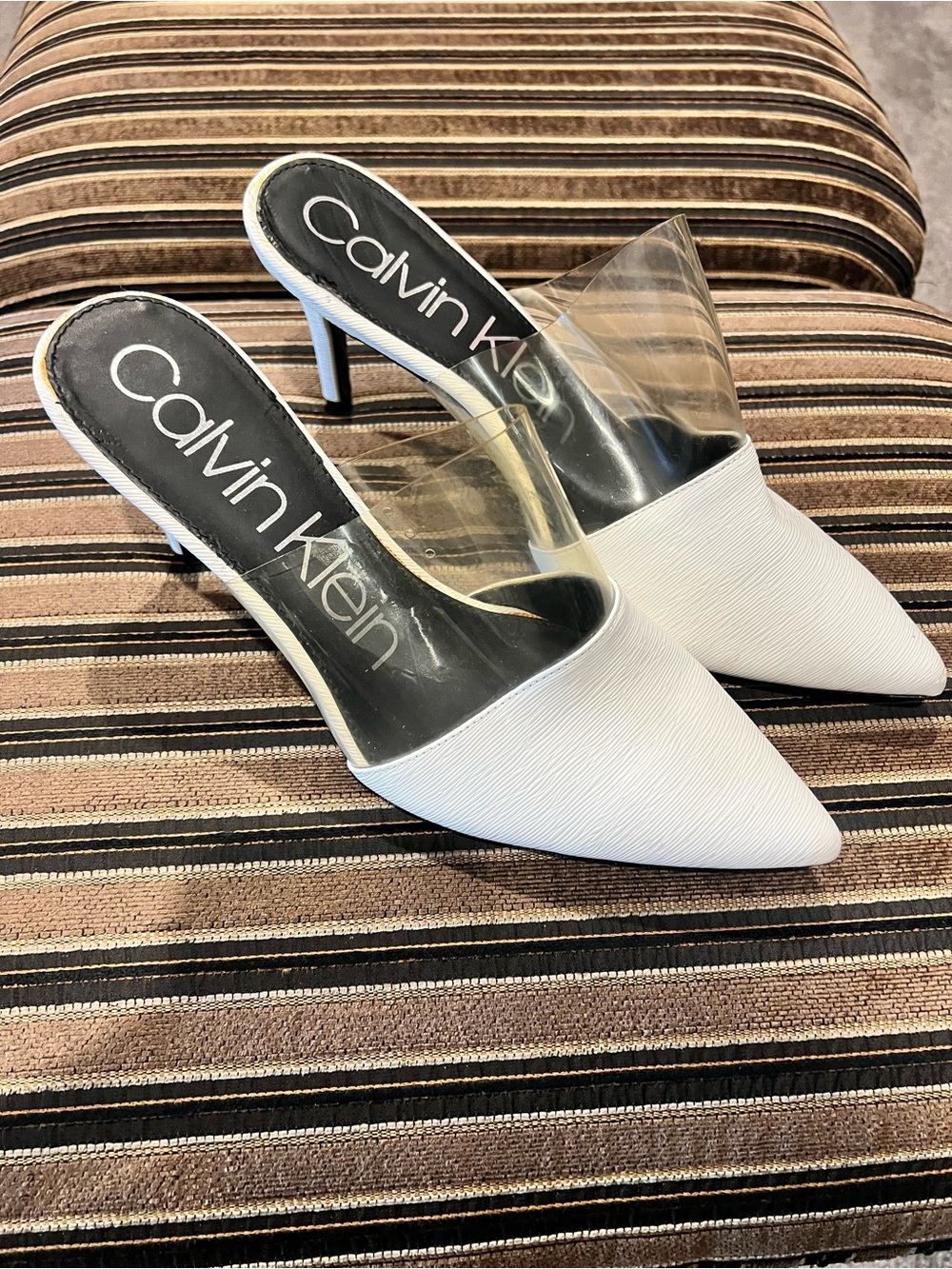Calvin Klein White Pointed Toe Mule Heels with Clear Strap
